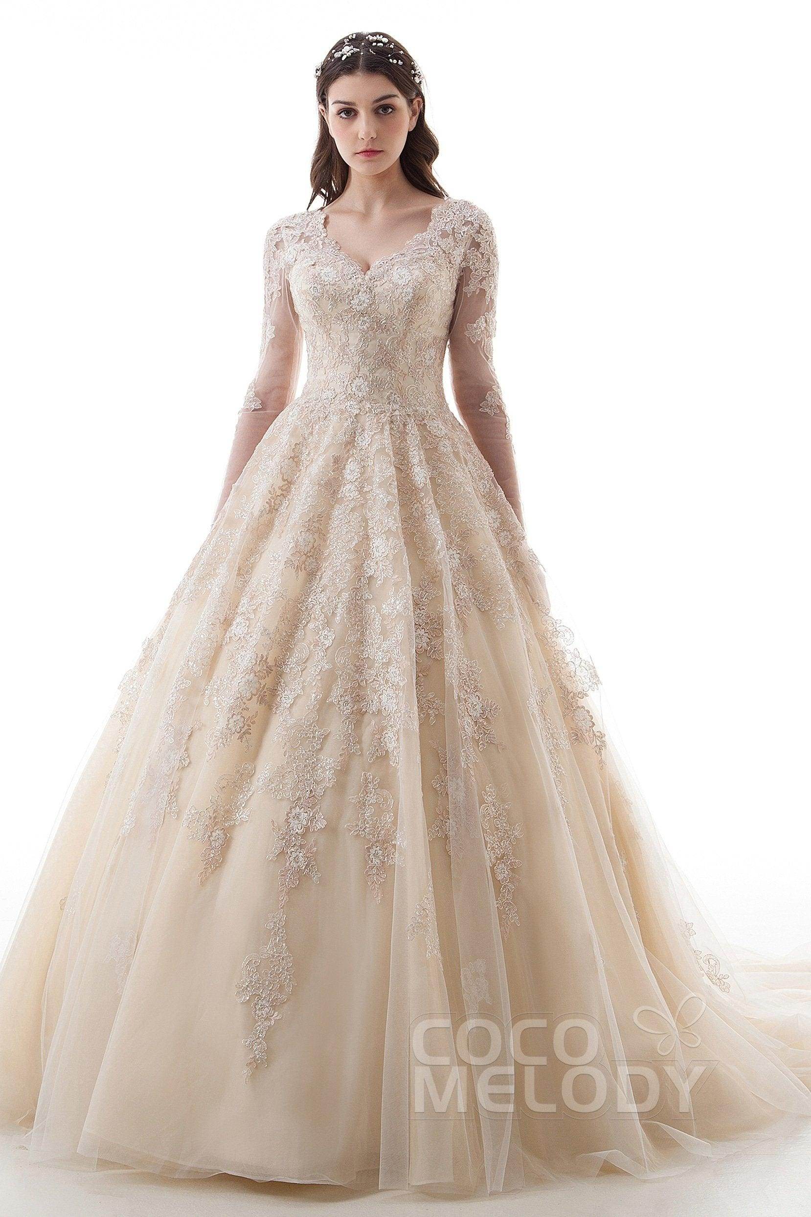 Princess Court Train Lace Tulle Gothic Wedding Dress LD4622 - COCOMELODY